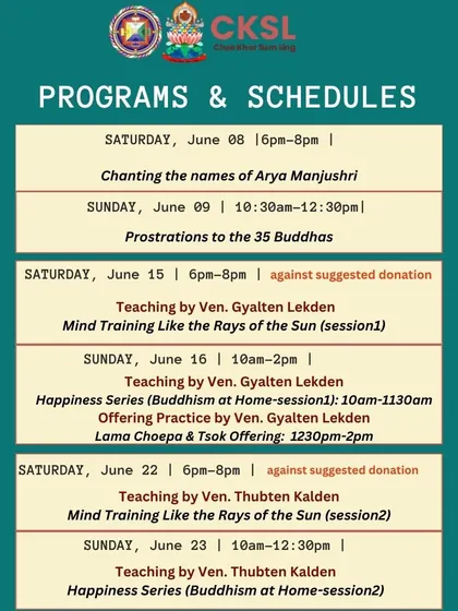 The June 2024 program schedule. This calendar announces new weekend programs like "Mind Training Like the Rays of the Sun" and "The Happiness Series," building anticipation for the teachings.