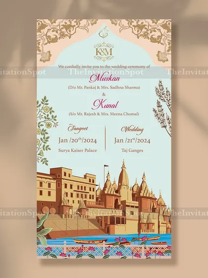 A beautiful Banaras-themed Save the Date card. The illustration showcases the iconic ghats of the city, with a custom monogram and clear details for the Sangeet and Wedding events.