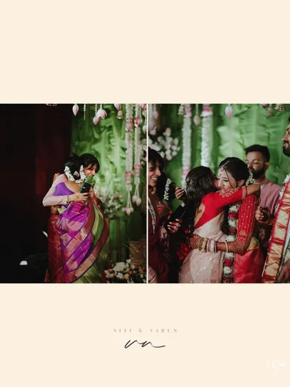 A diptych showing the bride sharing emotional hugs with her family and friends after the ceremony.