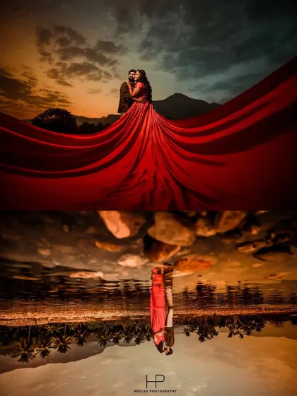 A dramatic pre-wedding portrait using a flowing red gown to create a stunning visual against the sunset and its reflection in the water. This is the kind of epic, storytelling shot we can create in a beautiful landscape.