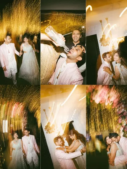 A collage of high-energy party shots from the Sangeet. The creative use of motion blur and light trails captures the wild and fun atmosphere of the celebration.