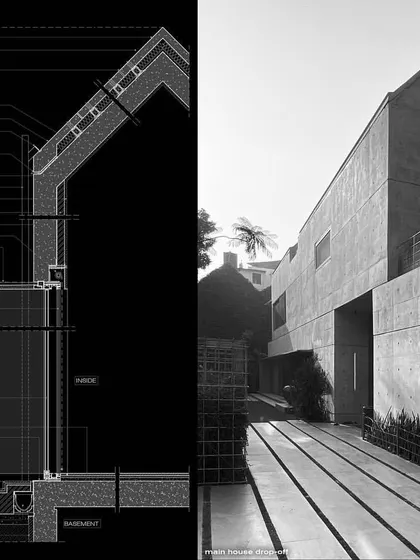 A technical drawing showing an external wall section for a residence in Delhi. This detail illustrates the composition of the wall, from the interior finish to the exterior exposed concrete and insulation.