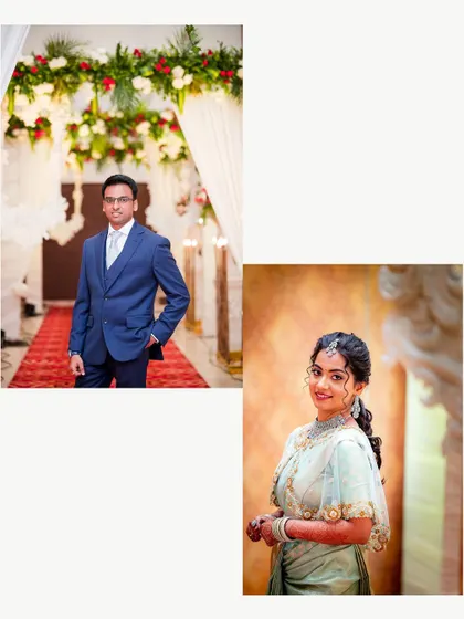 A collage of individual portraits of the bride and groom, ready for their elegant reception.