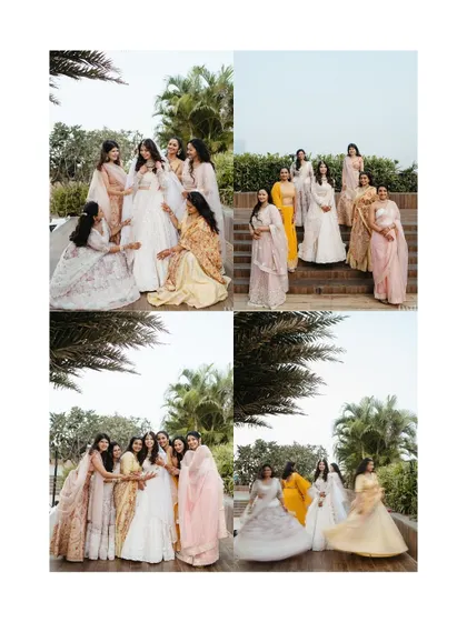 A fun-filled collage of the bride with her bridesmaids. The laughter, hugs, and playful twirls perfectly capture the joy and friendship of the bride tribe.