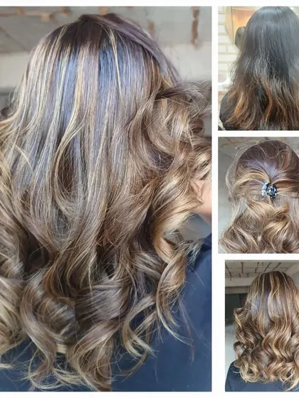 This collage shows the journey of a balayage transformation. I used a freehand coloring technique to create these bright, contrasting highlights, resulting in a French balayage style that is both bold and beautifully blended.