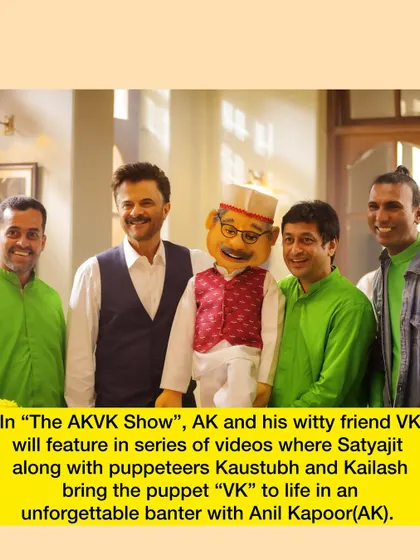 A group shot of the puppeteers in our green suits with Anil Kapoor, illustrating the chroma key technique used in the shoot.
