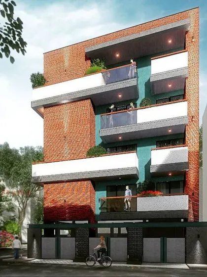 A conceptual 3D render for an apartment building in HSR Layout, exploring a design with staggered balconies and a mix of brick and teal-colored walls.