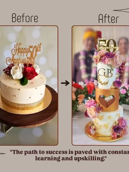 This before-and-after shows my growth in designing multi-tier anniversary cakes. The "after" cake is the three-tier, floral masterpiece I created for my parents' 50th anniversary, a huge step up from my earlier work.