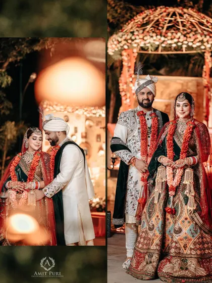 A collage of the couple on their wedding day, showing both a classic posed shot and a more intimate, candid-style portrait. It showcases their versatility and the different facets of their relationship.