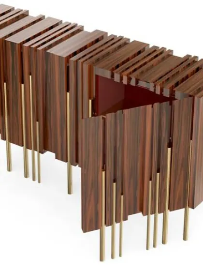 A top-down view of the "Glory" sideboard, showing the intricate arrangement of the wood panels and the rich red lacquered interior.