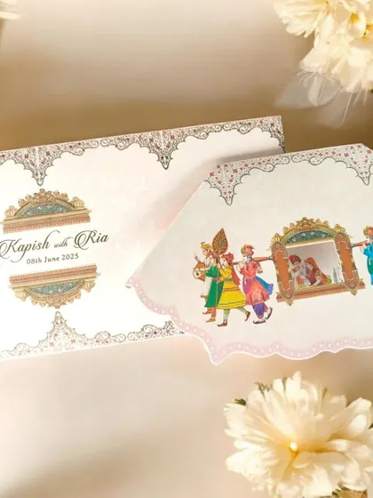 A unique single-page invitation designed in the shape of a doli (palanquin), featuring a beautiful illustration of the bride being carried.