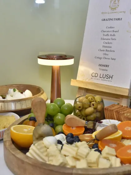 A wider view of the cheese board and dips offered at the Clinic Dermatech event. The spread includes hummus, mozzarella balls, and a variety of fresh and dried fruits.