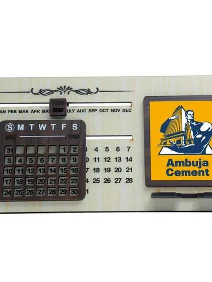 This perpetual desk calendar for Ambuja Cement showcases a clean, light wood design, demonstrating the versatility in aesthetics I can provide for corporate clients.