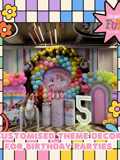 A magical unicorn-themed birthday party setup. With a rainbow balloon arch and a majestic unicorn figure, we create a whimsical wonderland that brings fairytale dreams to life for your child's special day.