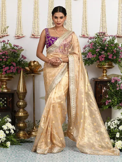 The full, flowing silhouette of the ivory organza saree, a timeless and graceful choice.