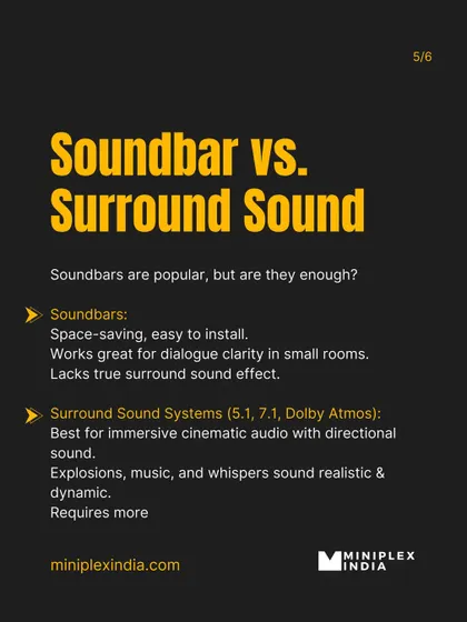 Soundbar vs. Surround Sound: This graphic breaks down the pros and cons. While soundbars are good for small rooms, a true surround sound system is best for immersive, cinematic audio.