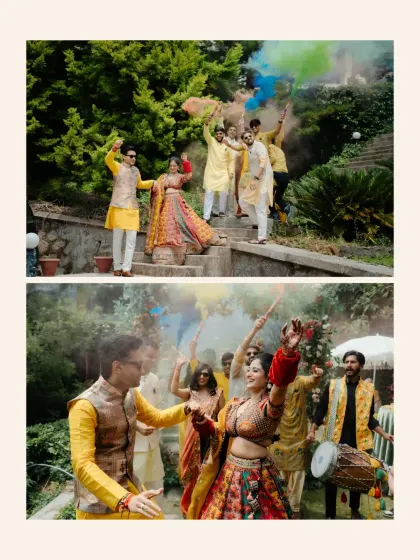 A collage capturing the energy of a Haldi entrance. The couple dances their way in, surrounded by friends with color smoke bombs and the beat of the dhol, kicking off the celebration in style.