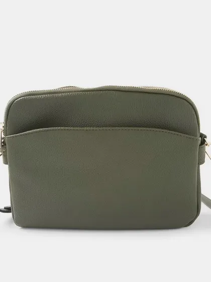 The front view of the olive green Australia Crossbody bag with classic gold hardware.