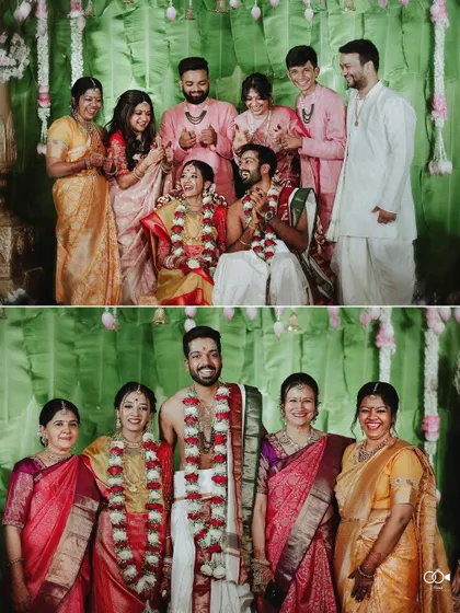 A diptych of beautiful family portraits with the newly married couple.