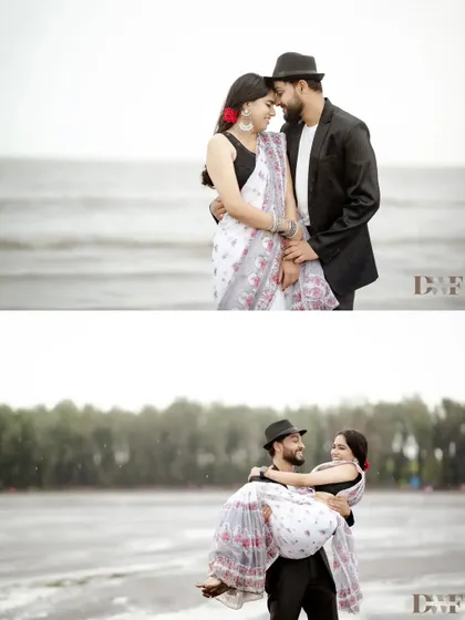 A stylish beach shoot with a vintage feel. The groom carrying his bride is a classic romantic gesture, and their coordinated outfits add a touch of old-school charm.