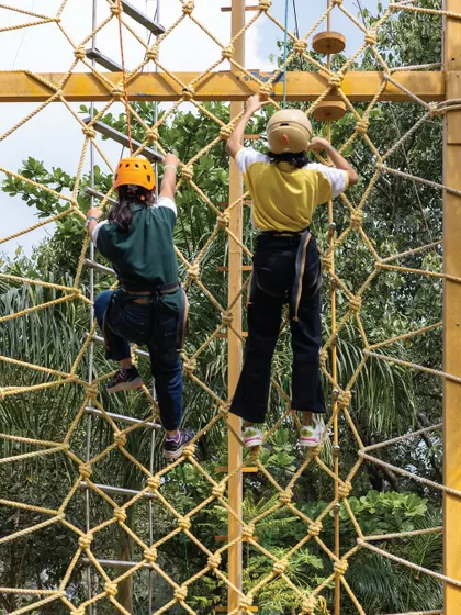 Teamwork makes the dream work. Watch as young adventurers help each other tackle the cargo net, learning valuable lessons in collaboration and encouragement.