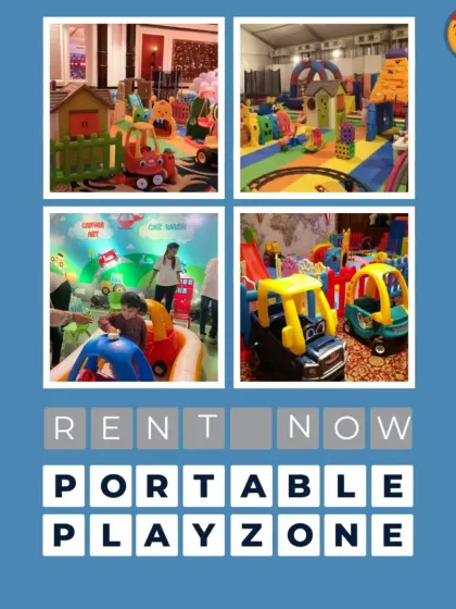 This graphic, designed like a puzzle, showcases four different playzone scenes, including a car wash theme and a close-up of my popular ride-on toys. I can fit my setup in any square footage.