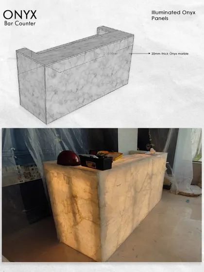 Stage 4 was cladding the entire structure with 20mm thick onyx marble panels, which come to life when the lights are turned on.