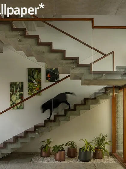 The staircase is more than just functional; it's a design feature. The open-riser design with a glass railing allows light to pass through, and the space underneath is used for a small, pebble-lined indoor garden.