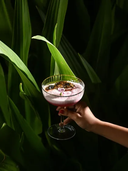 A toast to our anniversary with a special garden-to-glass cocktail. This beautiful pink drink, garnished with edible flowers, captures the essence of celebration and nature.