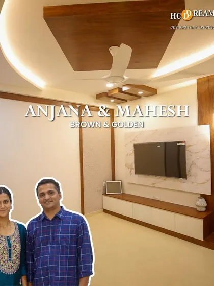 Anjana and Mahesh wanted a warm and inviting living space. We used a combination of brown and golden tones to create an elegant TV unit and living area that reflects their style.