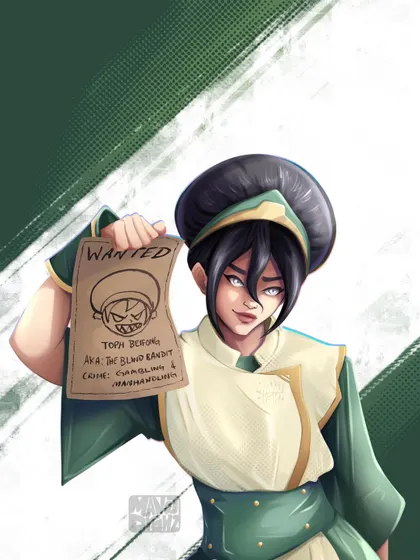 A closer crop of my Toph Beifong fan art. This view highlights her confident smirk and the details on the 'Wanted' poster she's holding, really focusing on the character's personality.