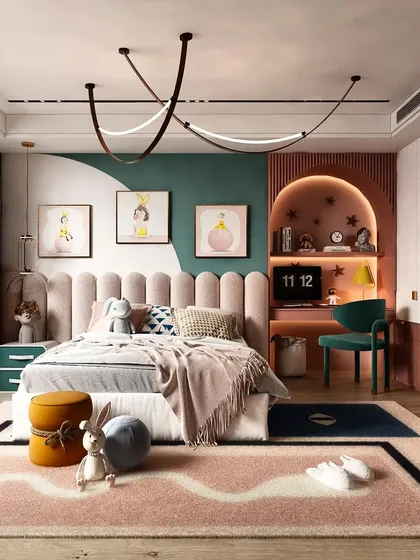 A charming and stylish girl's bedroom with a soft, scalloped headboard and a built-in study nook. The playful cat-themed wardrobe and modern pendant lights add a touch of whimsy.