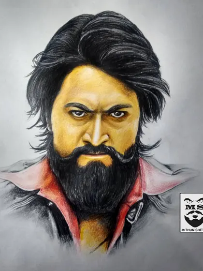 A color sketch portrait of Rocking Star Yash from the movie KGF. I used a mix of charcoal and color pencils to create the intense, gritty look that defines the character, paying close attention to the hair and beard texture.