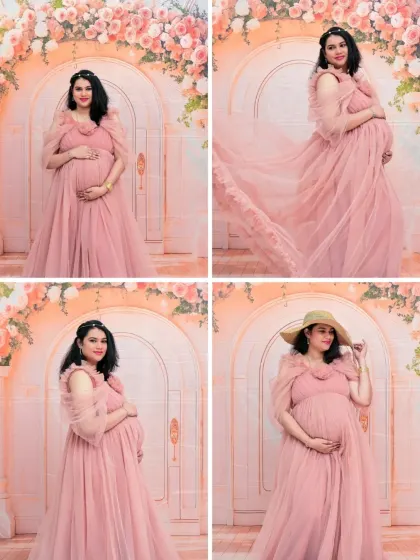 A collage of four stunning solo portraits in our floral setting. It showcases different poses, including a dynamic shot with the flowing fabric of the gown, giving you a sense of the variety we can capture.
