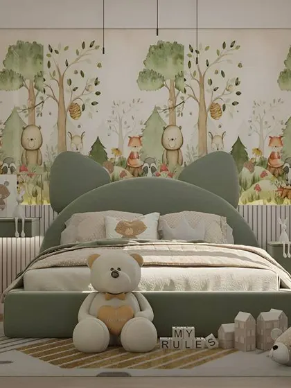 I created a charming woodland-themed bedroom with a forest animal mural and a green bed with cute ear details. It's a calming and imaginative space that brings a bit of nature indoors.
