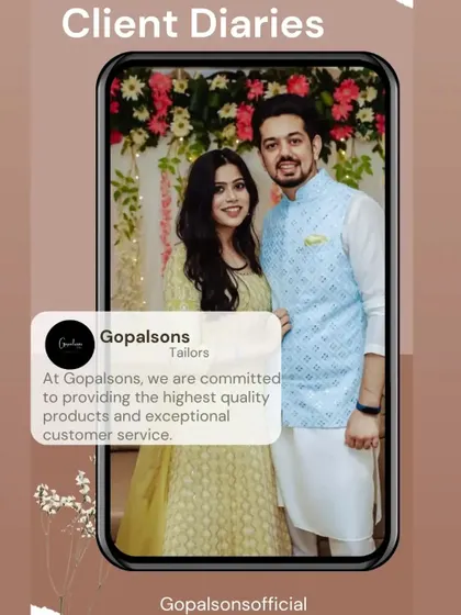 A happy client celebrating in style. He wears a classic white kurta paired with a light blue patterned Nehru jacket, a perfect choice for a daytime event.