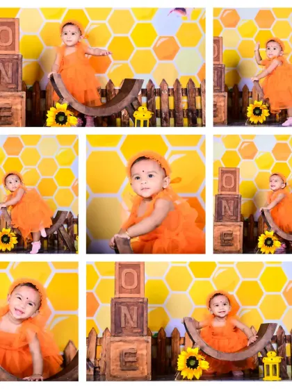 A collage from a honeybee-themed first birthday shoot, showing the baby girl in various happy poses with "ONE" blocks.