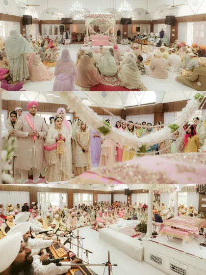 A wide-angle view of a serene Anand Karaj ceremony in a Gurudwara. This collage shows the scale of the gathering and the peaceful, spiritual atmosphere of a Sikh wedding.