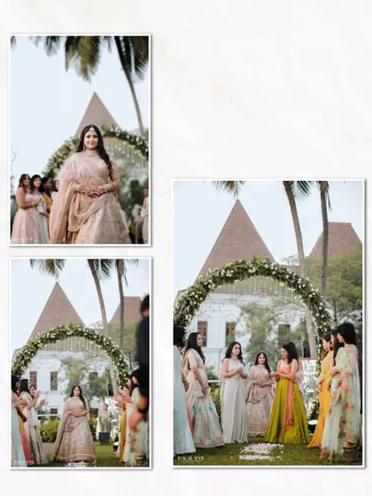 A creative collage layout of the bride's entrance, showing different angles and moments from the same event to tell a more complete story.
