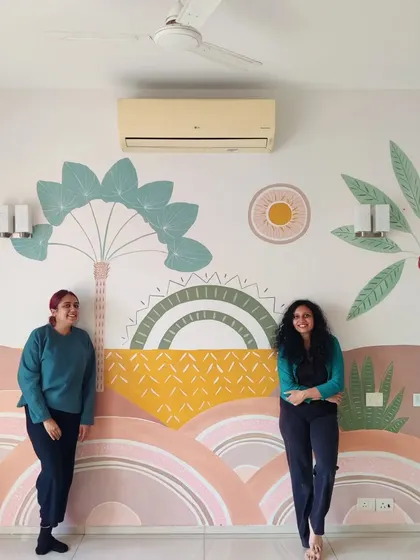 A final shot of me and the client with the completed Boho mural, a result of a wonderful collaboration.