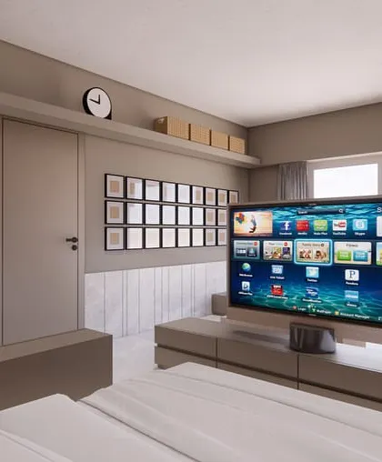This is a 3D render of a multifunctional guest bedroom concept. We use these visualizations to demonstrate how innovative solutions, like a swiveling TV, will work in practice.