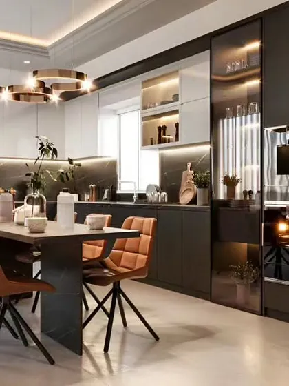 An ultra-luxurious kitchen and dining space. The design features high-gloss dark cabinets, reflective surfaces, and a large dining table seamlessly integrated with the kitchen.