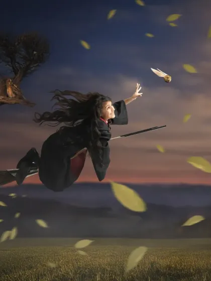Catching the Golden Snitch at sunset. A beautiful and dynamic composite image that captures the thrill of a Quidditch match.