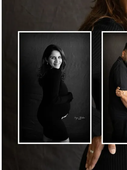 A collage that captures the different emotions of a couple's shoot. From a joyful solo portrait of the mom-to-be to a candid moment of laughter between the couple.