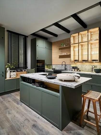 Unveiled at our Novelties 2025 Housefair, this ensemble in eucalyptus green exudes tranquil luxury, with warm wooden accents and a natural stone countertop.