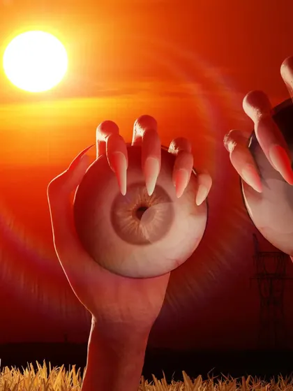 A closer view of the "Watchers," focusing on the detail of the long, sharp nails and the texture of the giant eyeball. The intense orange glow of the sun makes the scene feel even more apocalyptic.