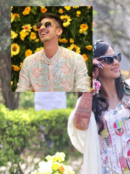 A collage capturing the happy, relaxed vibe of the bride and groom at their Haldi. Their smiles and casual poses show them enjoying every moment of their celebration.