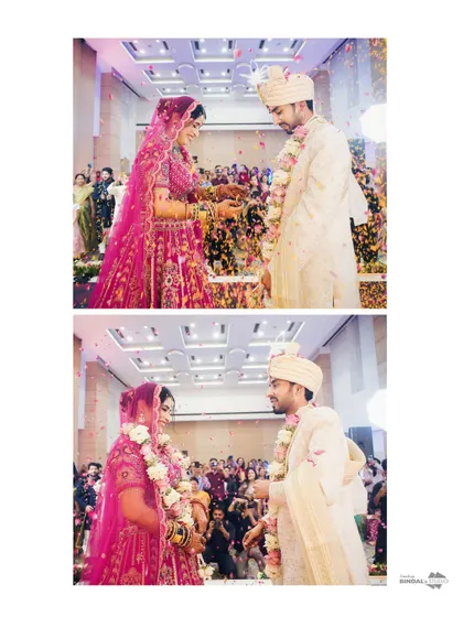 A two-part story of the Varmala ceremony. I capture both the playful attempt to put on the garland and the happy moment of success, telling a mini-story within one frame.
