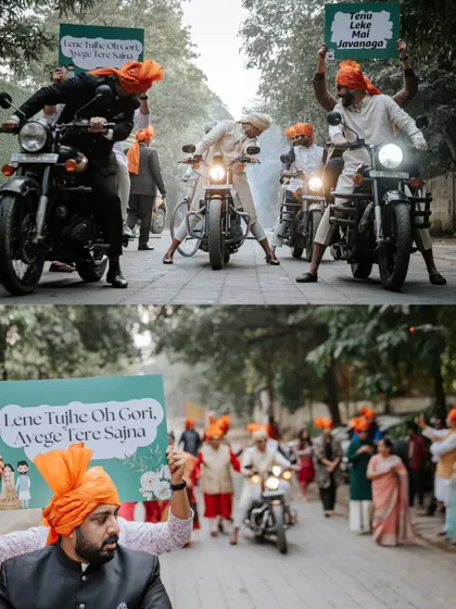 A baraat with full-on dhamaal. The groom's entry is a celebration in itself, and I love capturing the high energy, the fun, and the unique personality of the procession, like this unforgettable bike entry.