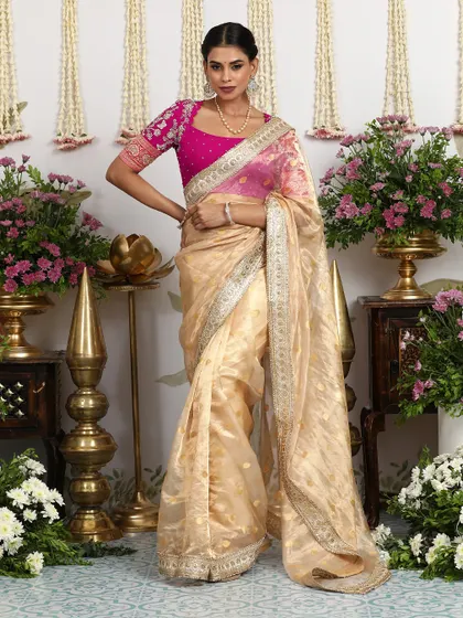 A muted gold Banarasi silk saree with a sheer organza feel, paired with a fuchsia pink Bandhani blouse.